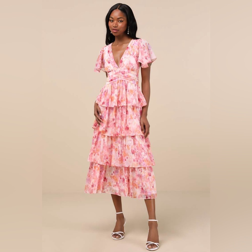Lulus | Nalia Pink Abstract Print Tiered Tie-Back Midi Dress | Size XS